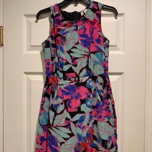Sleeveless black, pink, turquoise print dress